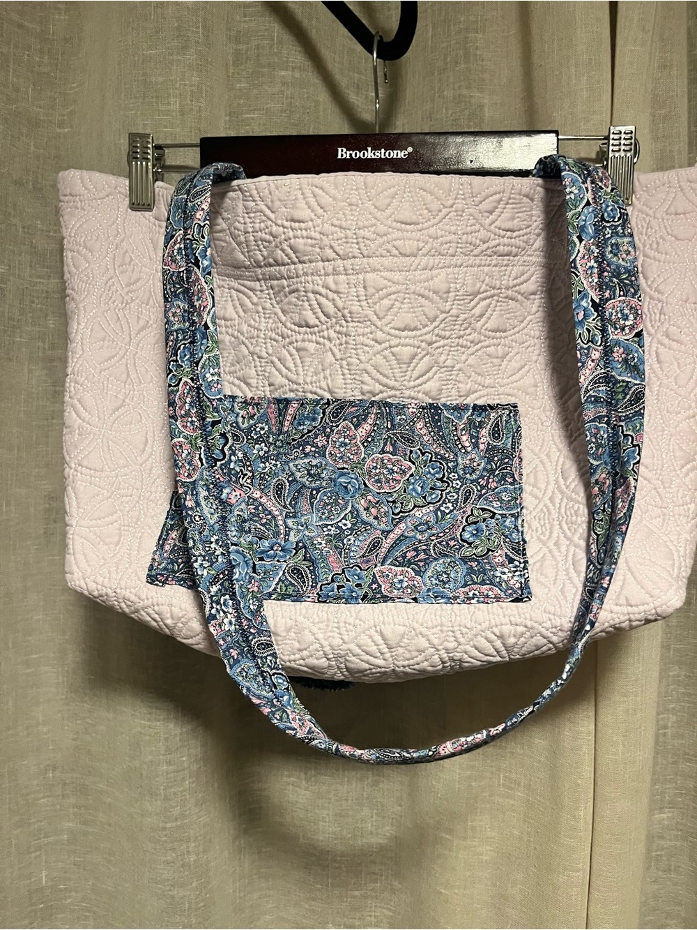 UPCYCLED- Hand-Crafted Quilted Lilac Tote with Blue Paisley Pocket and Straps